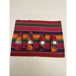 Ethnic Southwestern Fabric Cloth Placemats, Napkins W/ Rings Colorful Striped
